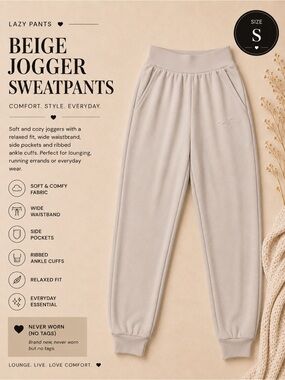 Lazy Pants Beige Jogger Sweatpants | Size S | Soft Lounge Athleisure | New